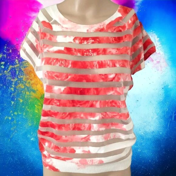 Red White Striped Top Small Mesh Sheer Stripes Tie Dye Lightweight Knit Pullover - Picture 14 of 16